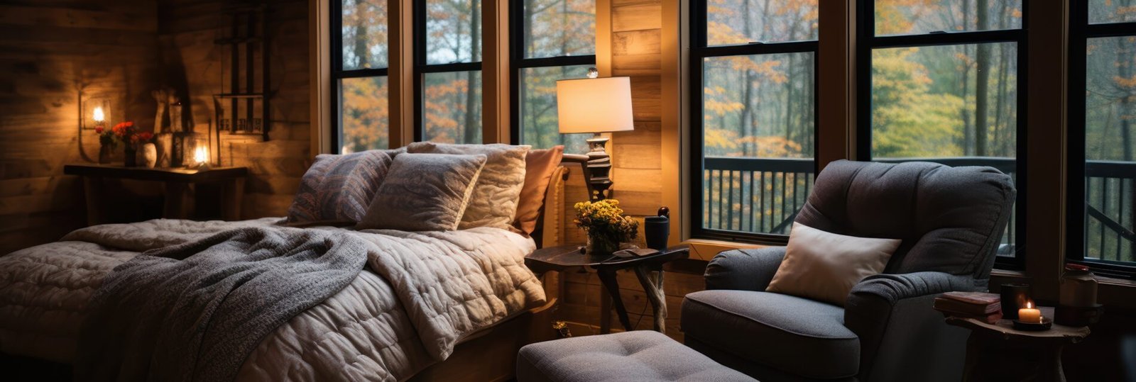 Chair sits in a cabin-style bedroom.