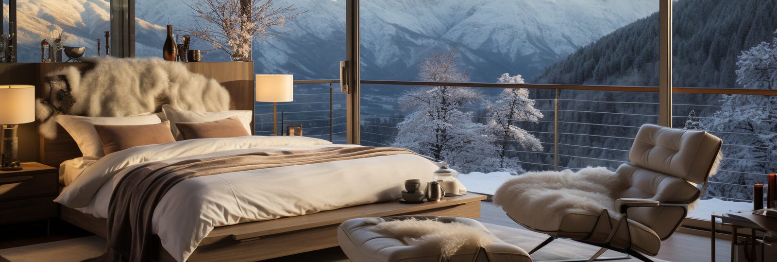 Cozy bedroom, snowy mountain view, luxury hotel, ultimate relaxation generated by artificial intelligence