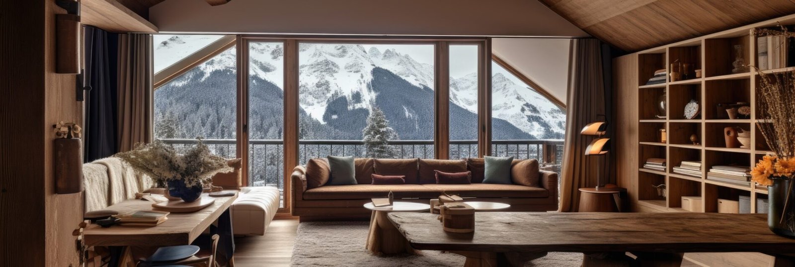 The interior design of modern wooden chalet living area with dining space in alps mountain view. Generative AI AIG27.