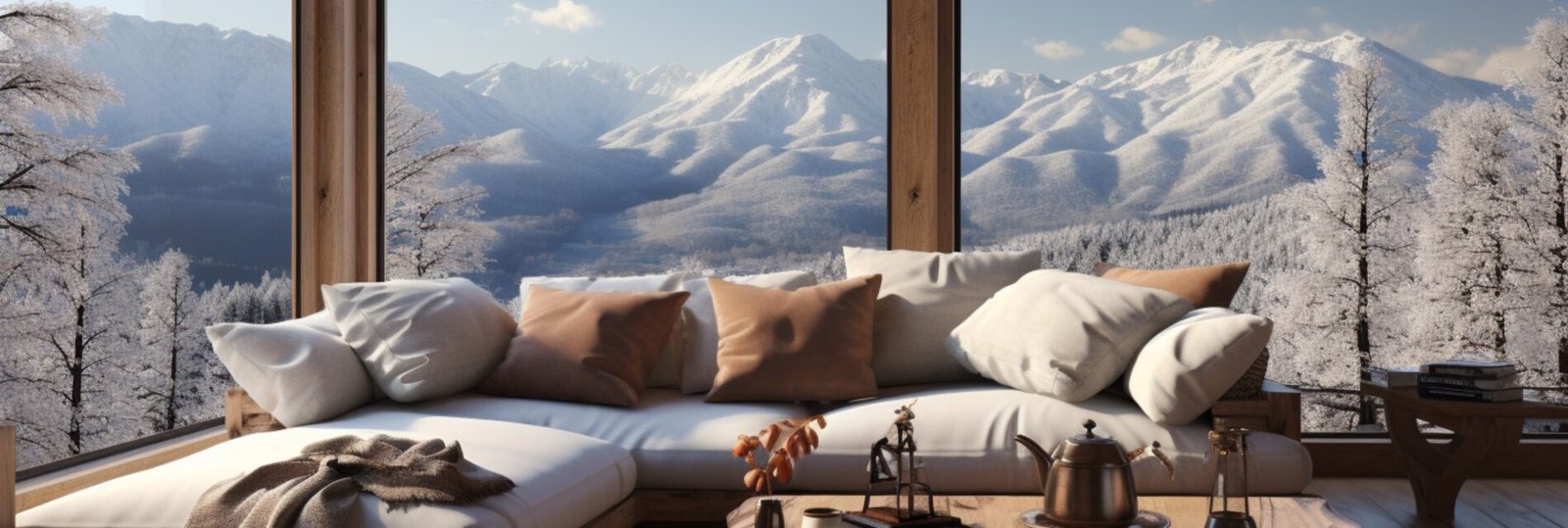 Japanese style home interior design of a modern living room in a chalet with a wooden bench with beige pillows and a blanket near a panoramic grid window with stunning winter snow mountains view